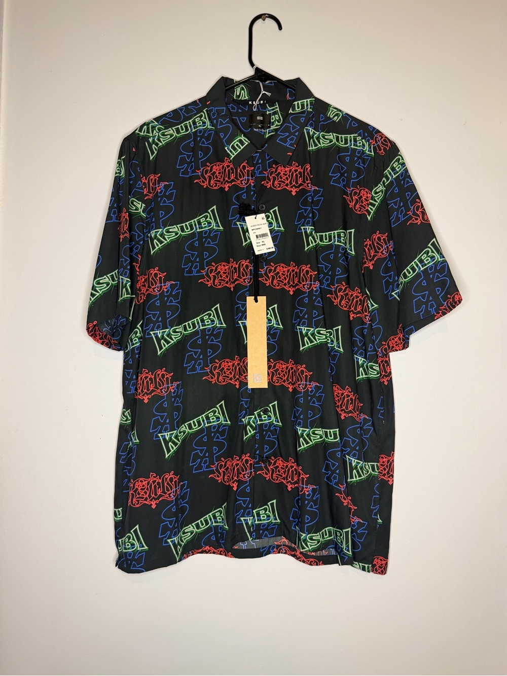 Ksubi Black Button-Down Shirt with Neon Red, Blue & Green Logos